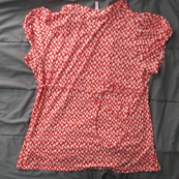 Women’s Plus Size 2X Orange/White Printed V-Neck Ruffle Short Sleeve Top Blouse - Picture 2 of 2